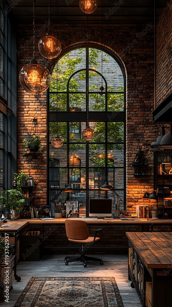 Obraz premium Creative workspace featuring exposed brick and unique design elements photos