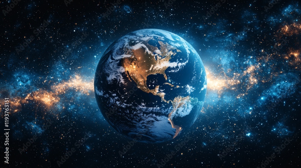Fototapeta premium Earth in the Cosmos: A stunning, awe-inspiring view of planet Earth suspended in the vastness of space, bathed in the ethereal glow of distant galaxies.