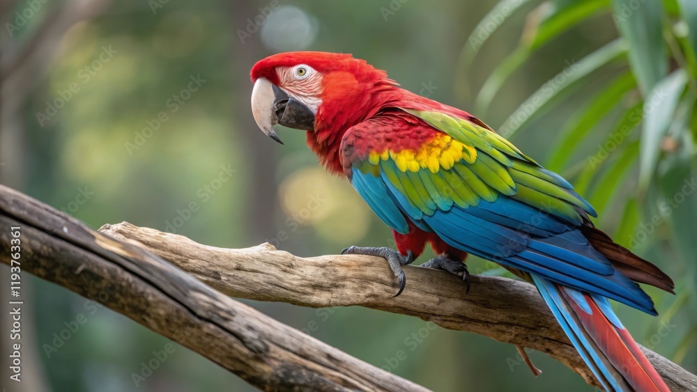 Obraz premium Colorful macaw parrot perched on branch tropical forest wildlife photography natural habitat close-up perspective