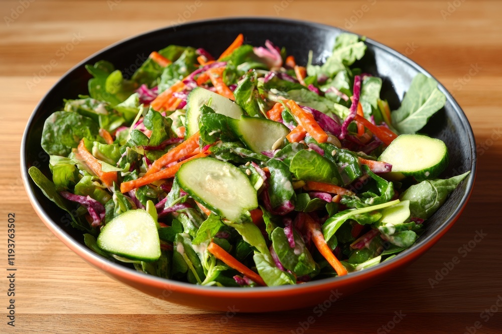 A colorful salad featuring fresh vegetables like spinach, carrots, and cucumbers is presented in a bowl on a wooden table. The bright colors create an inviting and healthy dish A colorful salad featuring fresh vegetables like spinach, carrots, and cucumbers is presented in a bowl on a wooden table. The bright colors create an inviting and healthy dish