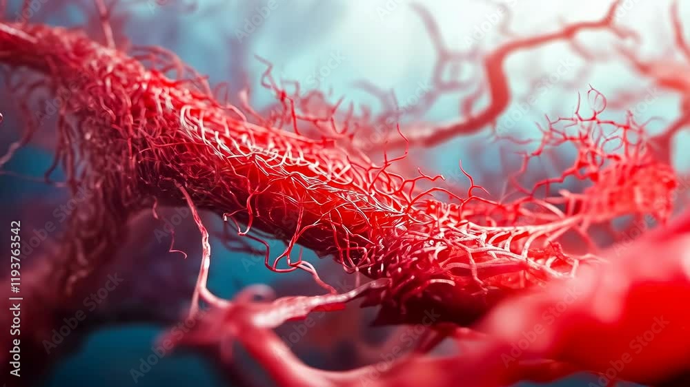 Blood vessels illustrate cardiovascular system.Capillary network shows microcirculation complexity.Red fibers highlight bodily infrastructure.Sci-fi tone enhances conceptual health imagery.Medical