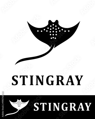 A sleek black stingray logo design with dotted patterns and a flowing tail