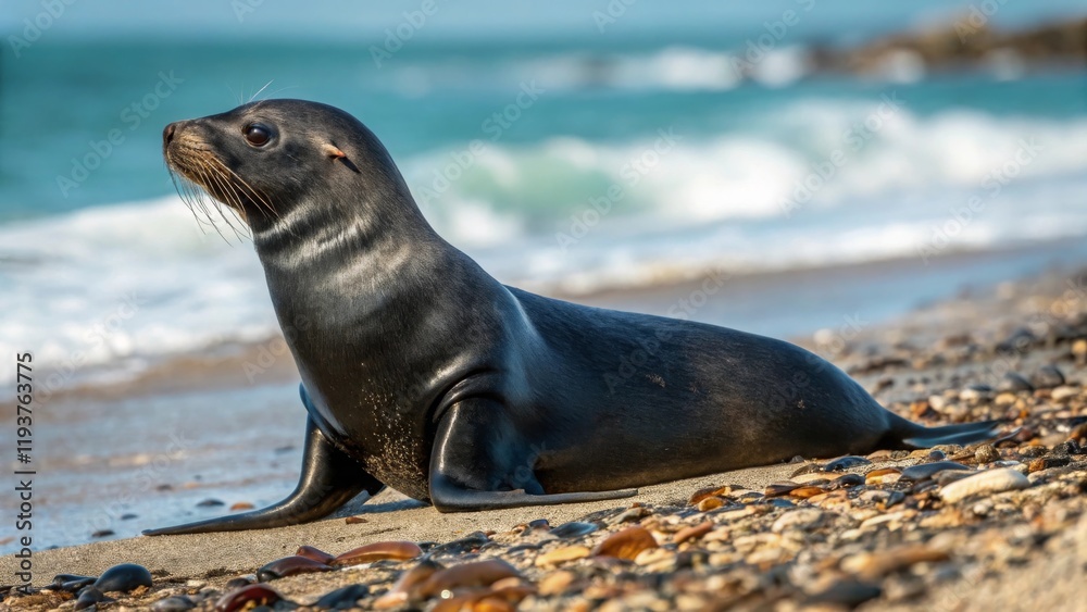 Fototapeta premium Playful sea lion relaxing on a sunny beach coastal environment wildlife photography natural setting close-up view