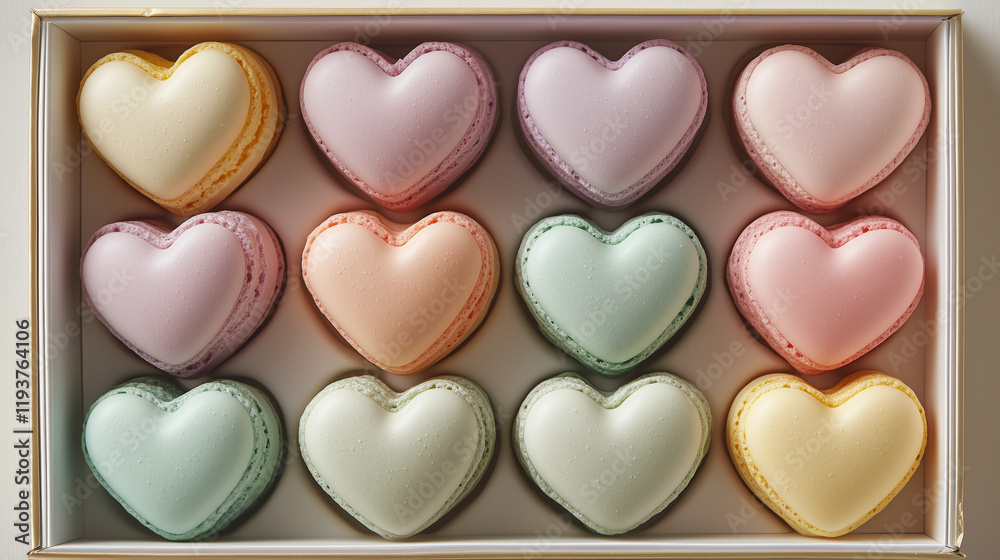 Obraz premium Box of colorful heart-shaped macarons or macaroons in pastel hues, viewed from above, perfect pattern for Valentine's Day
