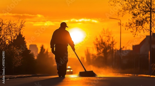 Street Cleaner Sweeping Road at Sunset