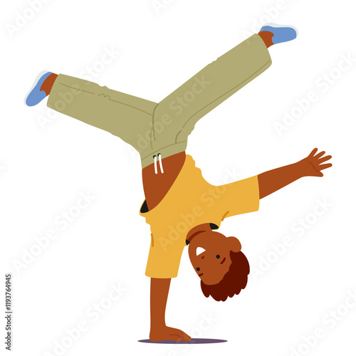 Little athletic boy kid cartoon character experiencing handstand upside down performing show