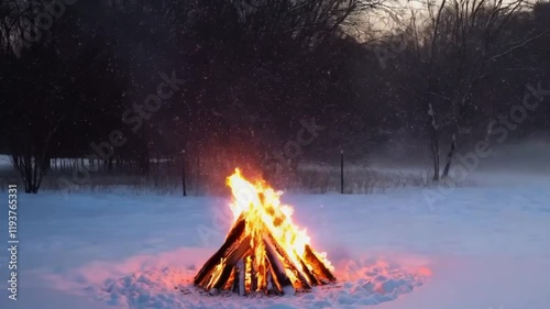 Winter Campfire: Burning Firewood at the Edge of a Snowy Forest