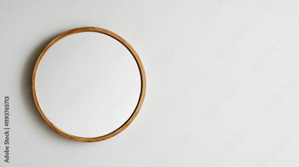 A wall-mounted round makeup mirror with a wooden frame, displayed against a plain white background A wall-mounted round makeup mirror with a wooden frame, displayed against a plain white background