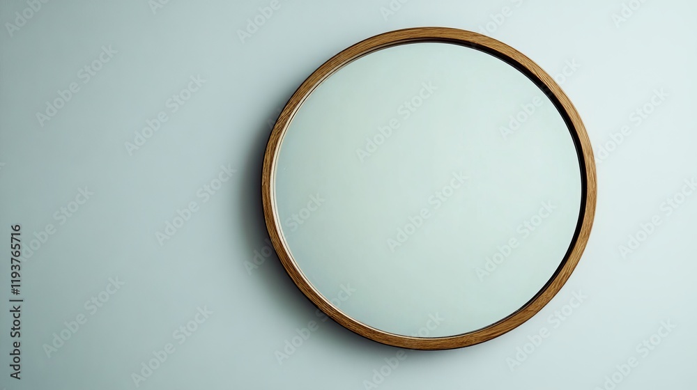 A wall-mounted round makeup mirror with a wooden frame, displayed against a plain white background A wall-mounted round makeup mirror with a wooden frame, displayed against a plain white background