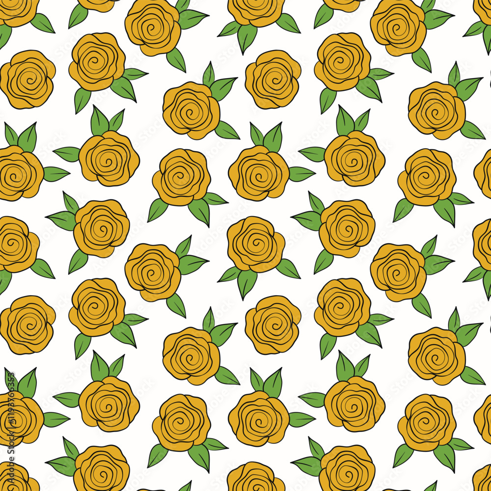 Fototapeta premium Spring colorful vector illustration with roses. Cartoon style. Design for fabric, textile, paper. Holiday print for Easter, Birthday, 8 march. Flowers with leaves.