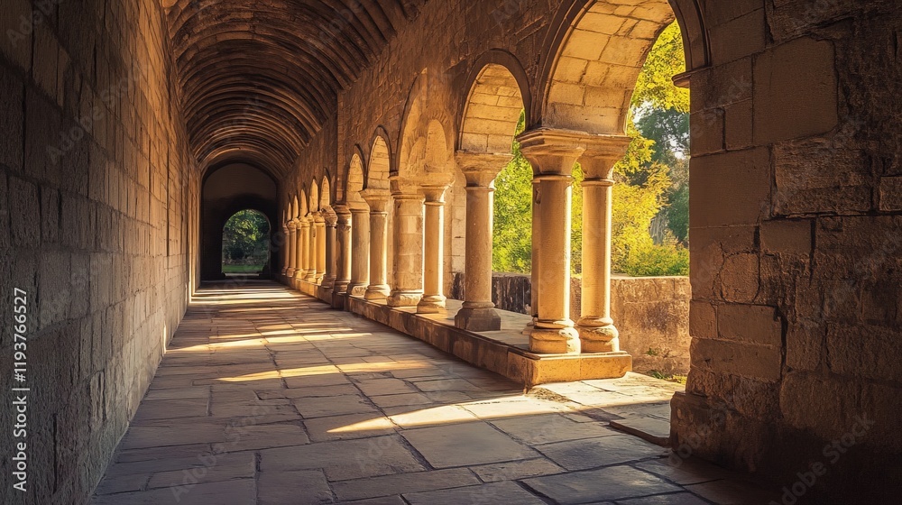 Fototapeta premium Sunlit stone arches and columns along a historic cloister corridor