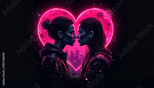 Lovers stamp for Valentine's Day, featuring a romantic silhouette against a neon heart backdrop