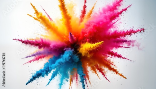 Vibrant explosion of brightly colored powder fills air. Colorful particles burst outward creating dynamic motion, festive atmosphere. Spectacular display of vibrant colors makes image perfect for photo