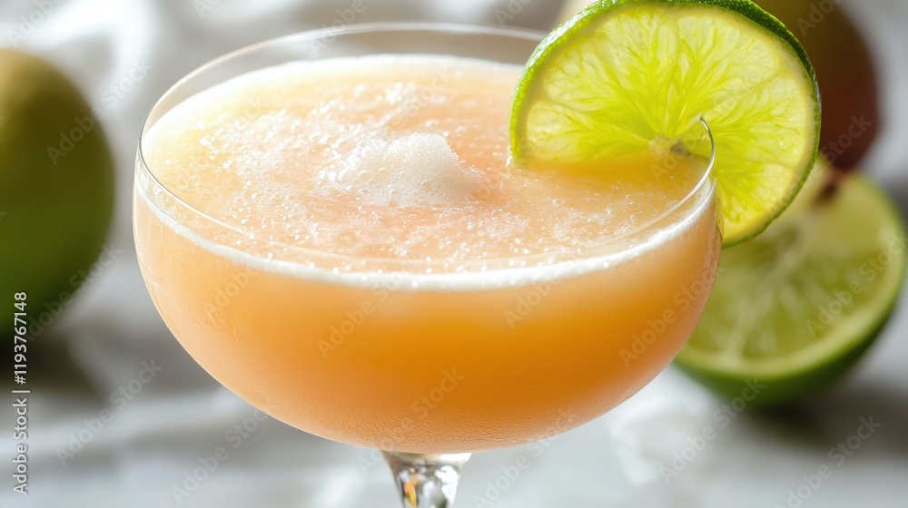 A glass of a drink with a lime slice on top A glass of a drink with a lime slice on top