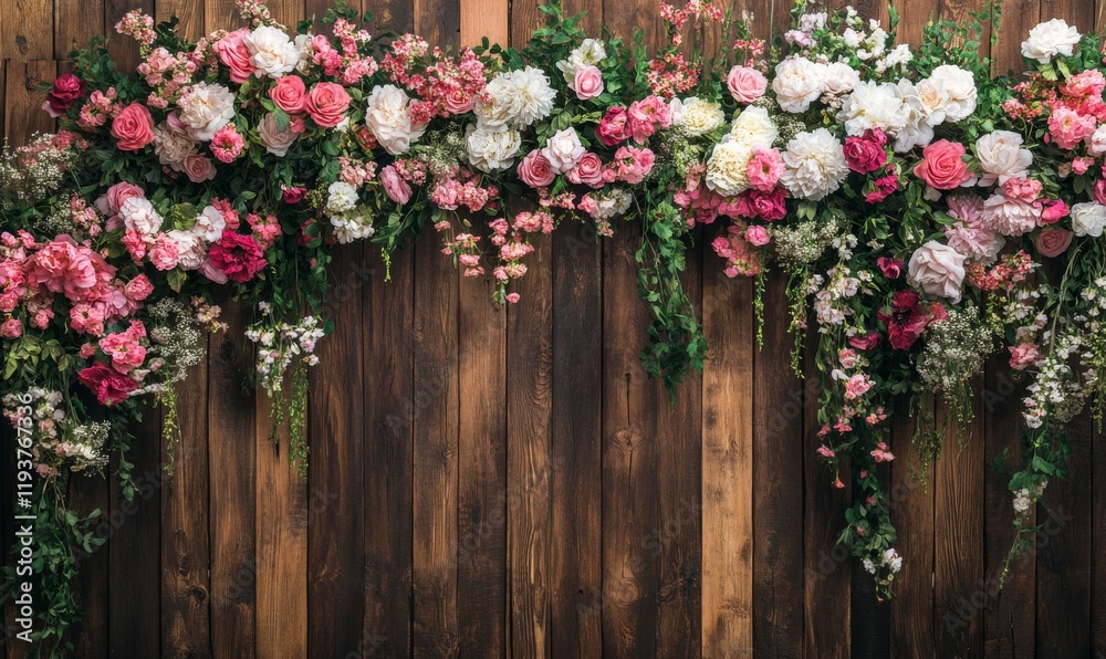 Fototapeta premium A Rustic Wooden Wall Adorned with a Lush Arrangement of Pink, White, and Red Flowers