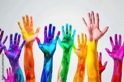 Rainbow colored hands raised up. Gay Pride  LGBT concept  LGBT rainbow flag.