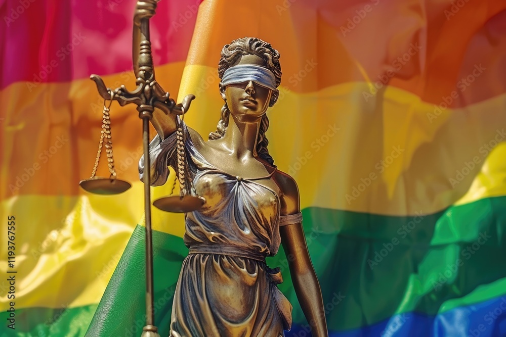 Themis Justitia blindfolded against LGBT rainbow flag symbolizing social justice
