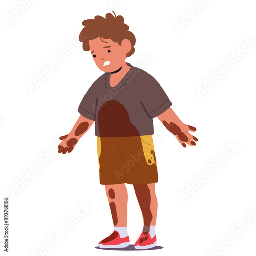 Little preschool boy child cartoon character wearing dirty wet clothes isolated on white background