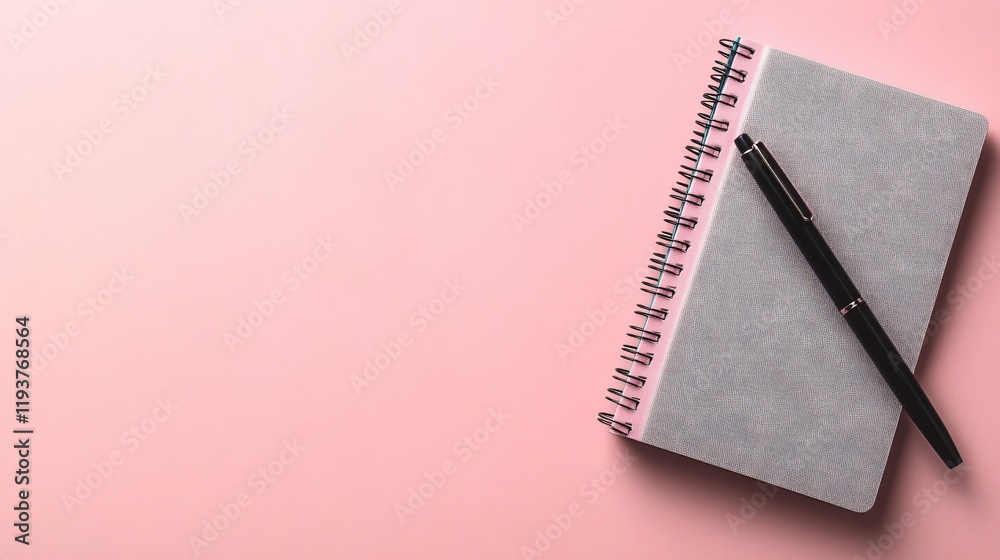 Spiral Notebook and Pen on Pink Background Minimalist Flatlay Spiral Notebook and Pen on Pink Background Minimalist Flatlay