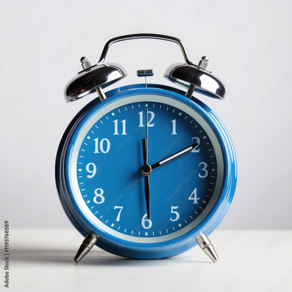 Classic Blue Alarm Clock with Black Bell and Chrome Details. Closeup of Circle Clock with Deadline Hours Classic Blue Alarm Clock with Black Bell and Chrome Details. Closeup of Circle Clock with Deadline Hours