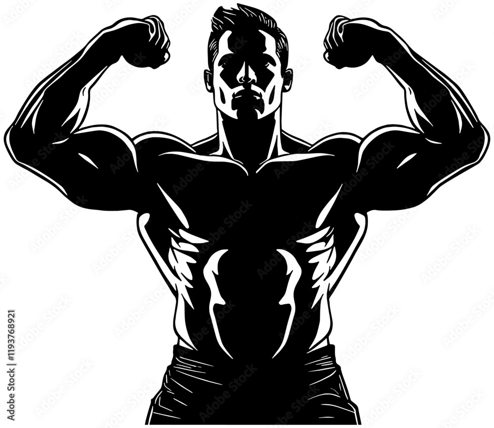 Silhouette of a male body builder flexing his muscles, isolated 