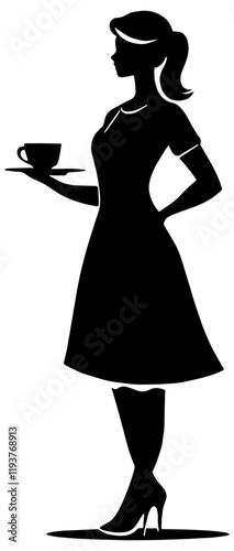 Silhouette of a waitress serving coffee or tea, isolated 