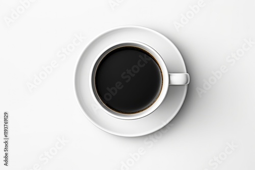 Closeup Top View of Black Coffee Cup on White Table. Perfect for Cafes and Office Desks. Hot Drink Cappuccino or Mocha Concept