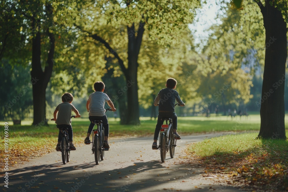 Family members ride their bicycles along a winding path surrounded by lush greenery. Sunlight filters through the trees, creating a warm and inviting atmosphere Family members ride their bicycles along a winding path surrounded by lush greenery. Sunlight filters through the trees, creating a warm and inviting atmosphere