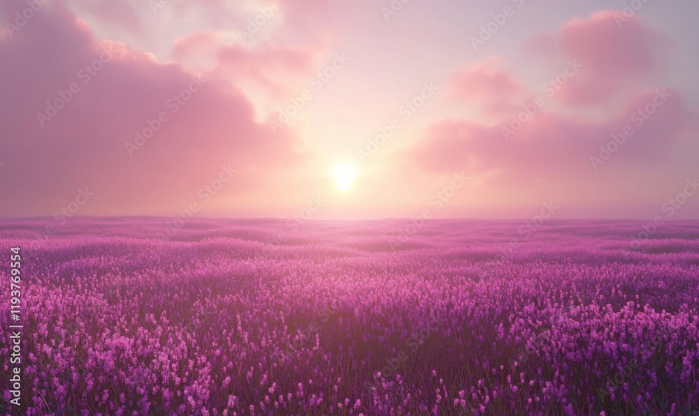 Fototapeta premium A sea of purple magenta flowers stretching across the horizon of a sun-drenched field meadow, magenta, field