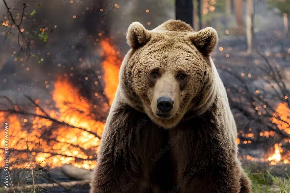 Fototapeta premium fierce bushfire rages through the wilderness, with wildlife fleeing the burning outback under a smoky orange sky.california,usa,pray them.