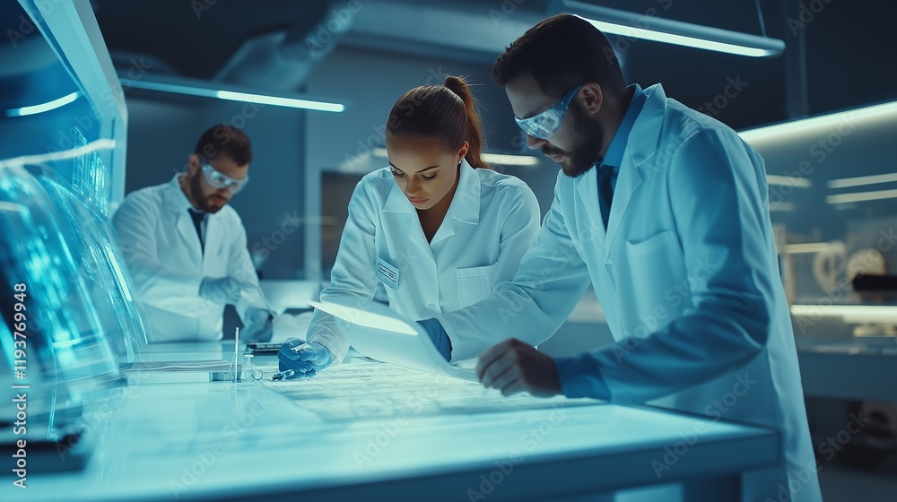 Fototapeta premium diverse team of engineers working together on a blueprint, in a modern laboratory with advanced technology in the background