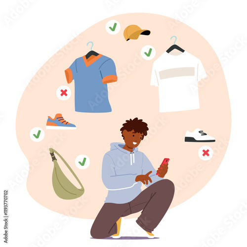 Teenage boy cartoon character using phone for shopping online choosing and ordering trendy outfit