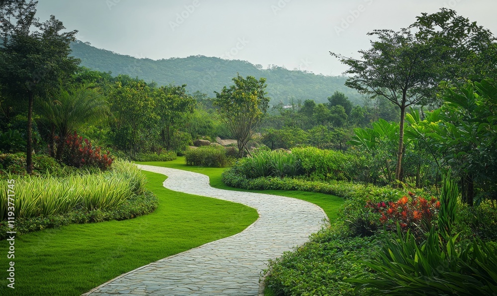 A serene green landscape with a winding path leading to a secluded spot, scenic view., walking trail, peaceful atmosphere, natural scenery A serene green landscape with a winding path leading to a secluded spot, scenic view., walking trail, peaceful atmosphere, natural scenery