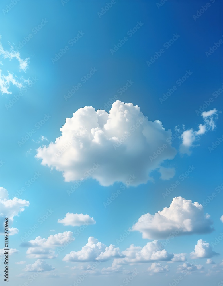 Bright blue sky with fluffy white clouds scattered across. Daylight scene. Sunshine fills sky. Perfect for nature, weather, climate topics. Ideal for displaying nature beauty. Shows clear day with