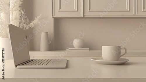 Minimalist Beige Home Office Workspace Setup with Laptop and Coffee