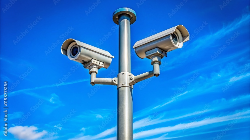 Surveillance Cameras on Pole, Clear Blue Sky - Stock Photo Surveillance Cameras on Pole, Clear Blue Sky - Stock Photo