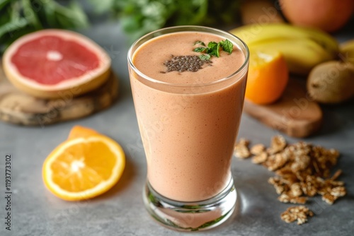 A refreshing fruit smoothie made with assorted fruits sits on a kitchen counter. Fresh ingredients are arranged artistically around the glass, creating a colorful and inviting display photo