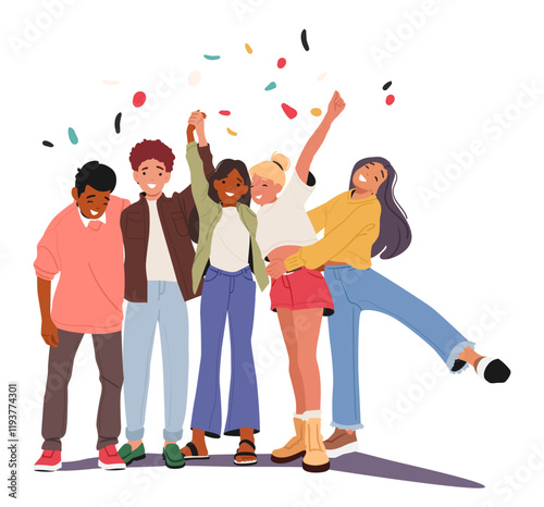 Multi-ethnic partying friends group hugging together standing in row posing for memory photo