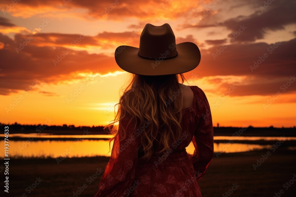 Country Girl: Beautiful Cowgirl Silhouette with Hat, Standing by Lake Against Stunning Sky Background in American Countryside Country Girl: Beautiful Cowgirl Silhouette with Hat, Standing by Lake Against Stunning Sky Background in American Countryside