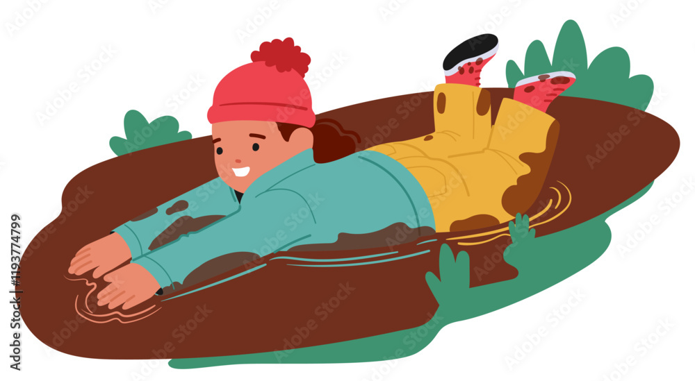 Little mischief preschool girl child cartoon character splashing in mud puddle isolated on white