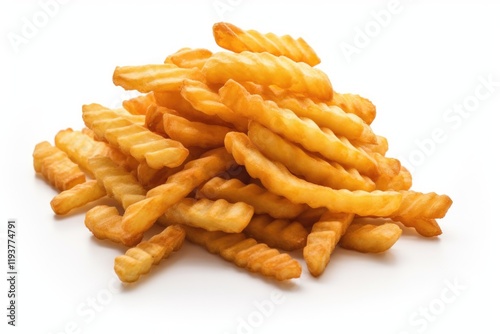 Crispy Crinkle Fries on White Background. Fast Food Snack with French Potato Chips, Perfect for Eateries and Cafes - 3:2 aspect ratio
