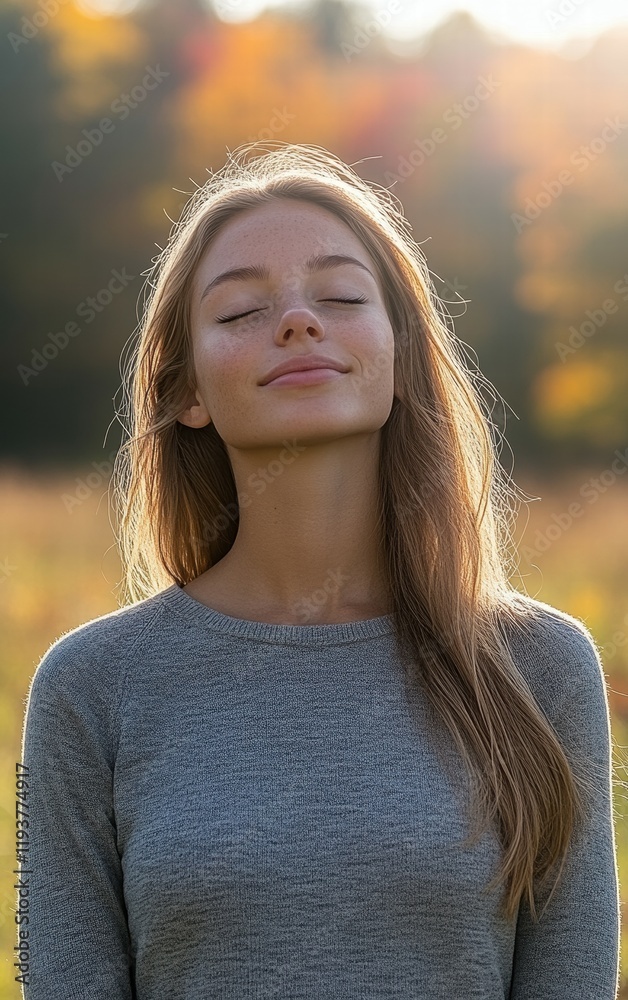 A young woman stands peacefully in a field during autumn, with sunlight streaming behind her. She is smiling softly, enjoying the tranquility and beauty of the moment A young woman stands peacefully in a field during autumn, with sunlight streaming behind her. She is smiling softly, enjoying the tranquility and beauty of the moment