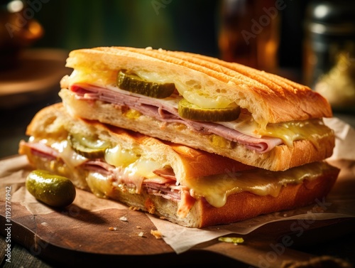 Cubano Sandwich - A Deliciously Layered Snack of Pork, Ham, Pickles, and Cheese on Baguette. Profile Shot with Selective Focus