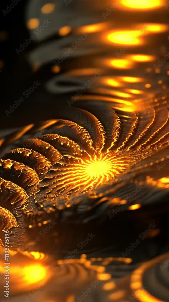 Intricate patterns of glowing golden fractals illuminate a dark background in an artistic display of vibrant geometry