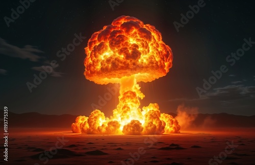 Massive nuclear explosion in desert landscape. Huge mushroom cloud of fire, smoke rises into dark night sky. Destruction, devastation spread across vast terrain. Bomb blast impact causes intense