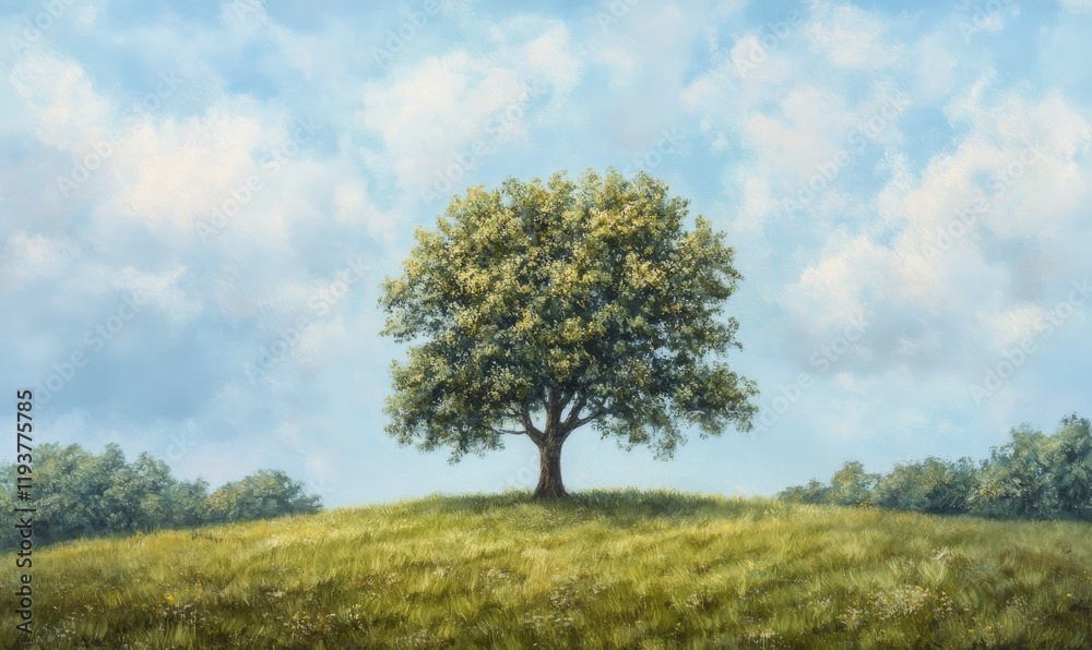 A lone tree standing tall amidst a lush meadow with a soft blue sky above, towering tree, lush meadow A lone tree standing tall amidst a lush meadow with a soft blue sky above, towering tree, lush meadow