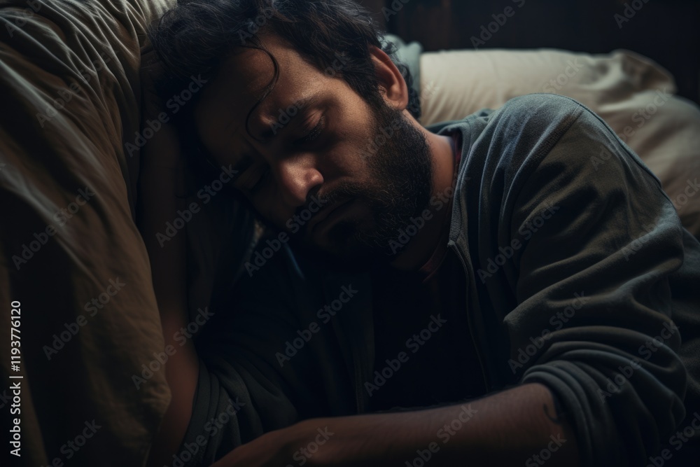 Obraz premium Depressed Mid-Forties Man Crying Alone in Bed, Suffering from Anxiety and Abandoned Feelings