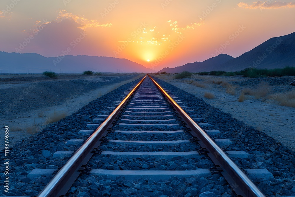 Fototapeta premium Sunset Over Railroad Tracks in a Desert Landscape