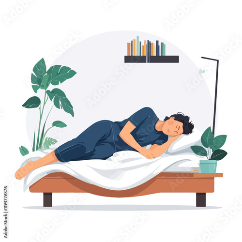 Sleeping person. Relaxation in the bedroom. World sleep day,Sleeping person, bed, 3D vector illustration