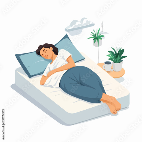 Sleeping person. Relaxation in the bedroom. World sleep day,Sleeping person, bed, 3D vector illustration